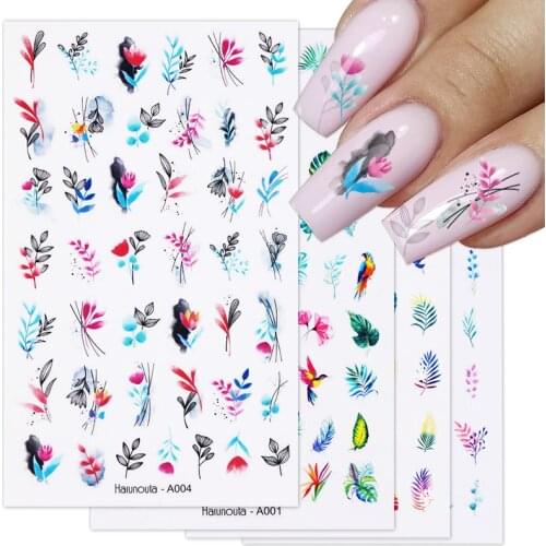 Harunouta Rendering Flowers Rendering 3D Nail Sticker Colorful Leaves Stripe Lines Transfer Sliders Slef Adhesive Nail Decals