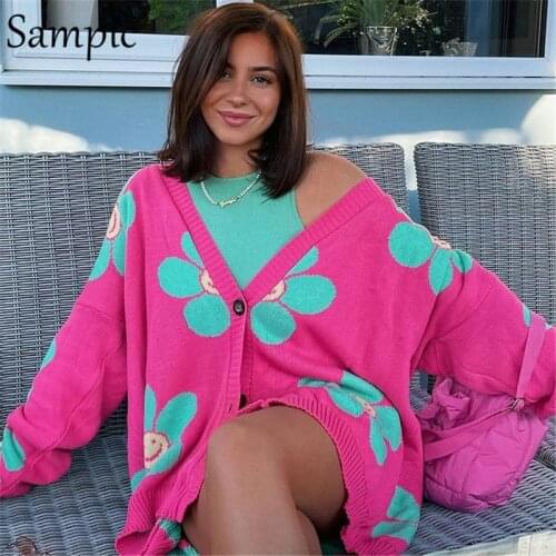 Sampic Loose Oversized Cardigans Women Winter Knitted Casual Y2K Sweater Long Sleeve Floral Cardigans 2021 Korean Fashion Style