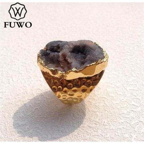 FUWO Natural Sun Agates Stone Rings 24K Gold Electroplate Oval Shape Geode Cluster Rings Jewelry Resizable RG007