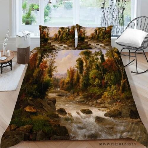 3D Print Bedding Set Stream In The Forest Duvet Cover Oil Painting King Twin Full Double Single Vintage Bed Set Queen Size