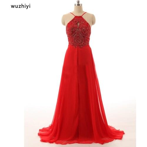 Wuzhiyi vestidos de gala prom dresses 2017 Beading Crystal Chiffon Gowns Red Prom dress vestido formatura ballkleider New