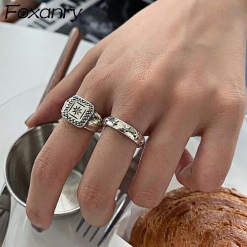 Foxanry INS Fashion 925 Sterling Silver Stars Rings for Women Creative Vintage Punk Geometric Handmade Party Jewelry Gifts