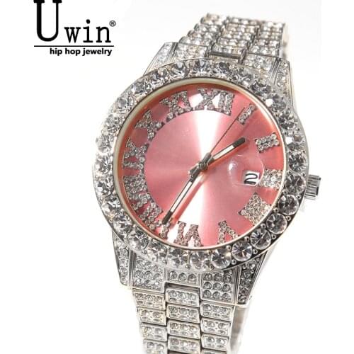 Uwin Big Dial Watches Pink Purple Blue Black Full Iced Out Men Stainless Steel Fashion Luxury Rhinestones Quartz Business