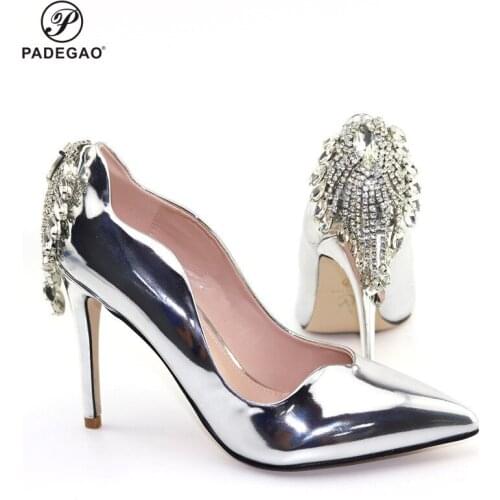 Latest Style Ladies Pointed Toe Shoes Without Matching Bag Set Nigerian Rhinestone High Heels Sandals in Silver Color