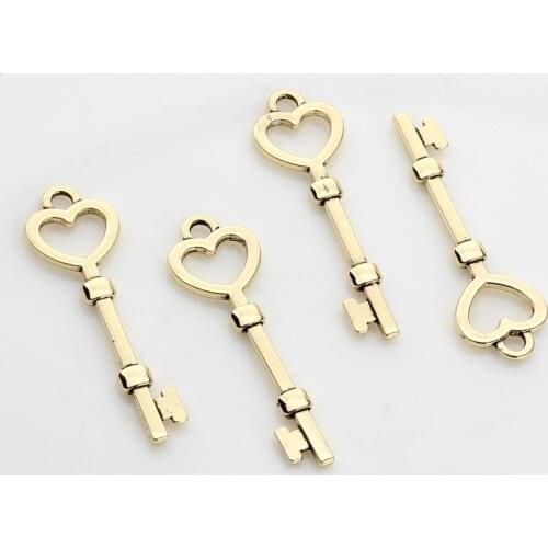 Zinc Alloy Charms Pendant Golden Heart Key Charms 6pcs/lot 10*35mm For DIY Jewelry Earring Making Accessories