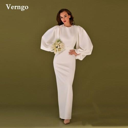Verngo Simple Puff Long Sleeves Wedding Dress Modest O-neck Sheath Backless Bow Bridal Party Dresses Women Formal Gown 2021