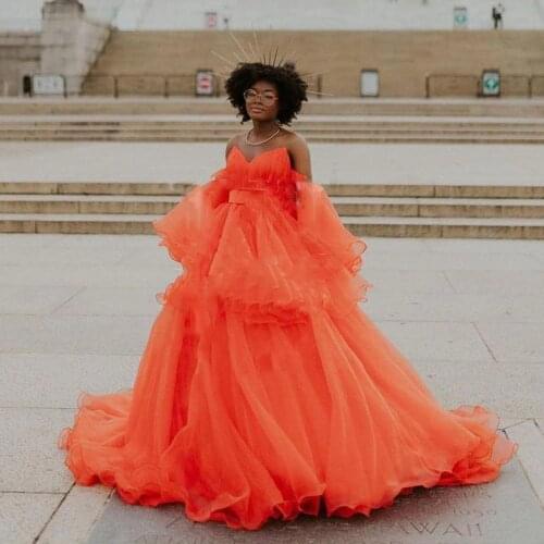 Extra Puffy Prom Dress Orange Off Shoulder Свадебное платье Fluffy Ruffles Tulle Pleated Prom Dresses robe de soirée femme