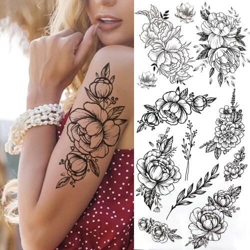 Realistic Peony Rose Temporary Tattoos For Women Girls Black Blossom Flower Tattoo Sticker High Quality Fake Forearm Tatoos DIY