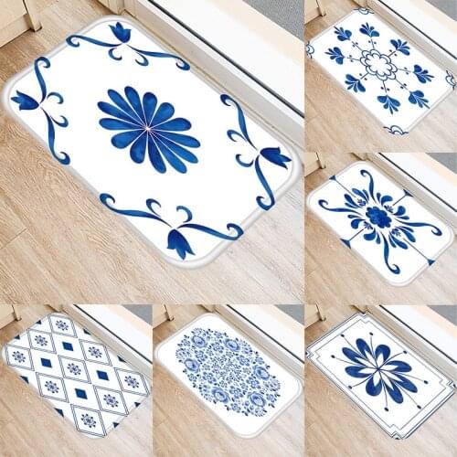 Blue Floral Door Mat 40*60cm Indoor Hallway Balcony Mats Velvet Anti-slip Rug Living Room Bathroom Carpet Home Decor Mats