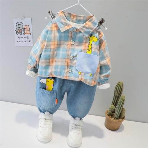 LISUNNY 2021 Spring Baby Boys Clothing Sets Cartoon Giraffe Plaid Shirt Jeans Toddler Infant Children Kids Casual Clothes