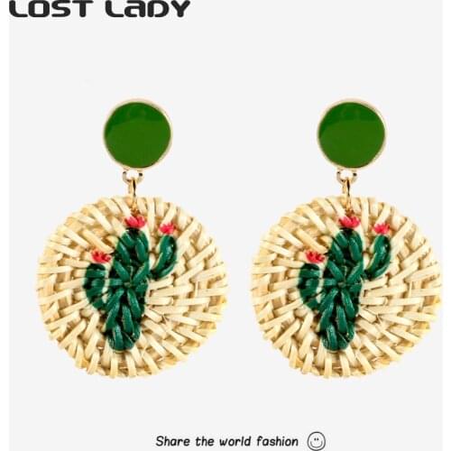 Lost Lady Vintage Handmade Rattan Knit Dangle Earrings Statement Geometric Round Earrings for Women Party Jewelry Gift Wholesale