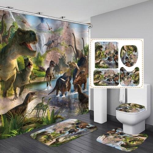 3D Print Shower Curtain and Carpet Floor Mat Toilet Lid Cover Set Dinosaur Paradise Bathroom Polyester Decor with Hooks Custom