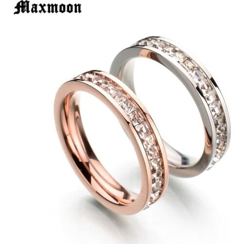 Maxmoon Titanium Stainless Steel Rings For Women Silver Color zirconia wedding rings Small CZ Surround Fashion Jewelry Wholesale