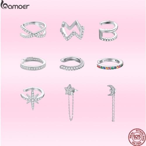 Bamoer 1PCS 925 Sterling Silver Studs Earrings Clips Combination for Women Circle Exquisite Zircon Wedding Party Jewelry SCE999