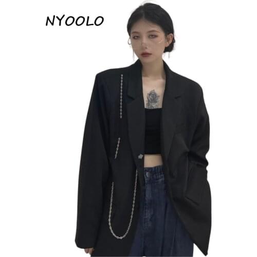 NYOOLO Casual Streetwear Special Design Strings Chain Single Breasted Long Sleeve Blazer Jacket Women Cloth Autumn Pockets Coats