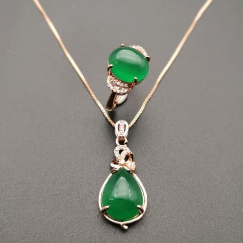Jadery Vintage Luxury 925 Sterling Silver Ring/Necklace Natural Green Jade Emerald Gemstone Jewelry Sets For Women Party Gifts