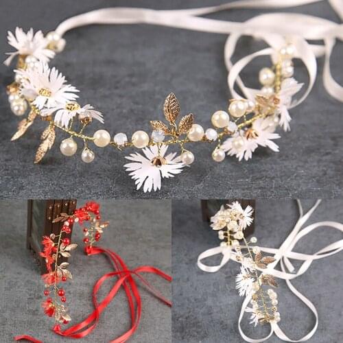 Bridal Daisy Flower Ribbon Headband Pearl Gold Leaf Hairbands Tiaras Hair Jewelry White Red Women Wedding Hair Accessories