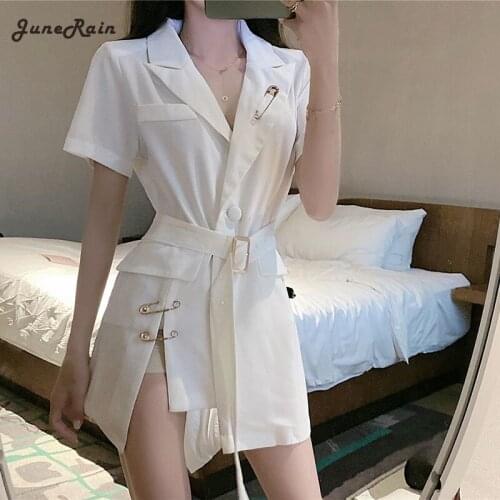 JuneRain High Waist Belt Sashes Lapel V-neck Pin Elegant Split Blazer Women Summer Korean Sexy Fashion Office Suit Outfit Dark