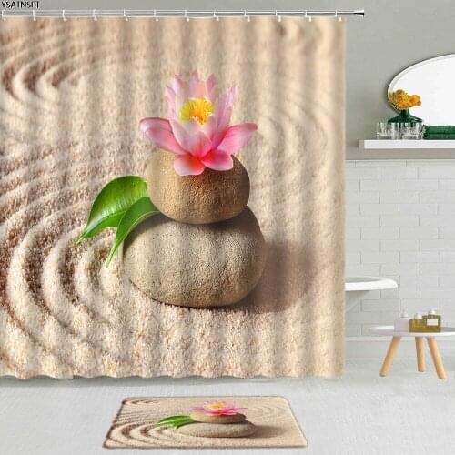 2Pcs Zen Stone Shower Curtain Desert Lotus Green Leaf Landscape Non-Slip Bath Mat Hanging Curtains Decor Bathroom Set Washable