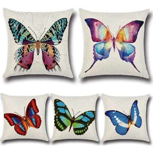 Butterfly Painting Cushion Cover Cotton Linen Decorative Pillowcase Chair Seat Square 45x45cm Pillow Cover Home Living Textile