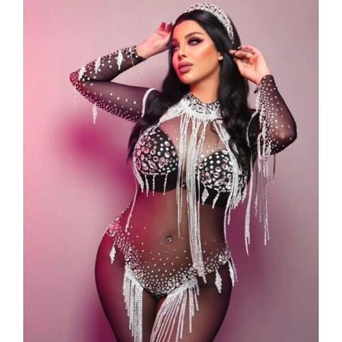 Shining Tassel Rhinestone Party Jumpsuits Women Sexy See Through Fringes Bodysuit Nightclub Prom Rompers DS Dancer Costumes