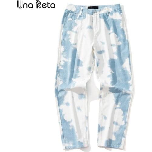 Una Reta Streetwear Men Jeans Hip Hop Tie Dye Loose Straight Mens Pants Casual Couple White Denim Trousers Jeans Men