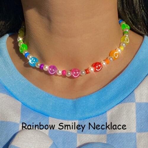 Egirl Aesthetic Rainbow Shiny Smiley Necklace For Women Y2K Jewelry Vintage Harajuku INS Necklace Charm 90s Fashion Friends Gift