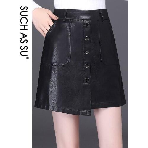 SUCH AS SU Women Asymmetrical Leather Button Skirt Above Knee, Mini Skirt High Waist Sexy Pockets Plus Size Women Black Skirt