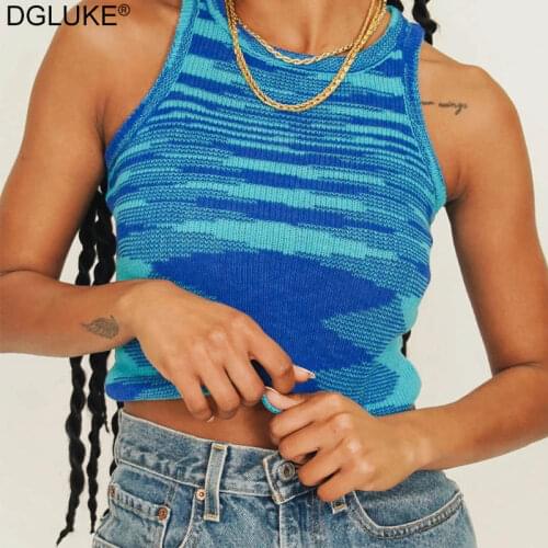 Knitted Crop Tank Top Women Summer Sleeveless Tie Dye Crop Top T Shirt Fashion Y2K Short Tank Tops Harajuku Streetwear