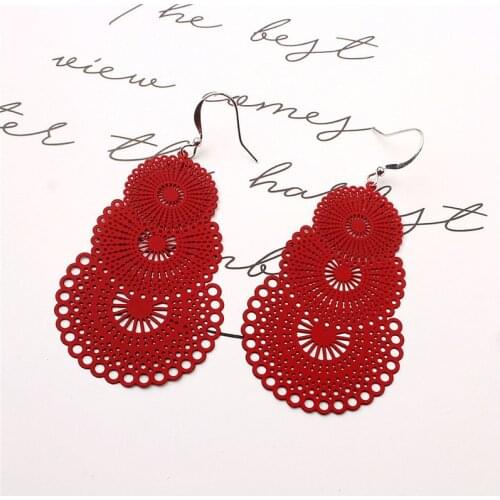 Exaggerated Multi Layer Big Round Circle Drop Earrings Hollow Carved Handmade Earrings for Women Vintage Ethnic Style