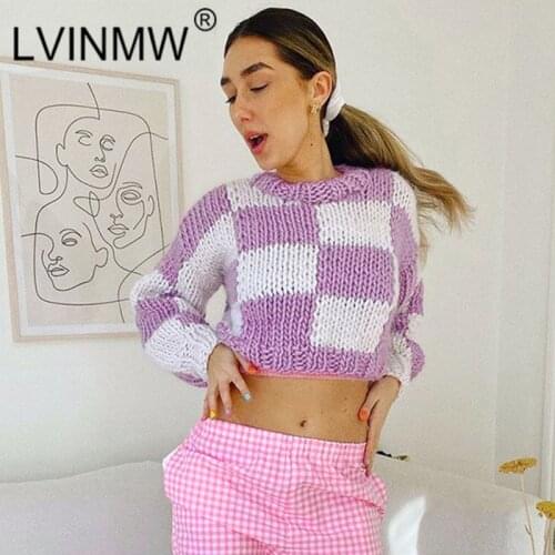 LVINMW Sweaters Panelled Fashion Slim Long Sleeve Top O Neck Autumn Patchwork Streetwear Pullovers Women Leisure Navel Woolen