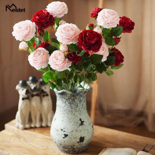 Meldel 3 Heads White Peony Bouquet Artificial Yellow Peonies Flowers Silk Roses Pink Wedding Home Spring Decoration Fake Flowers