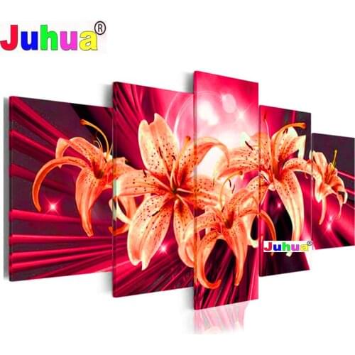 Multi-Panel 5D Diamond Painting Red Lily Flower 3d Picture Diamond Embroidery 5 Piece Set Landscape Puzzle Diamond Mosaic H111