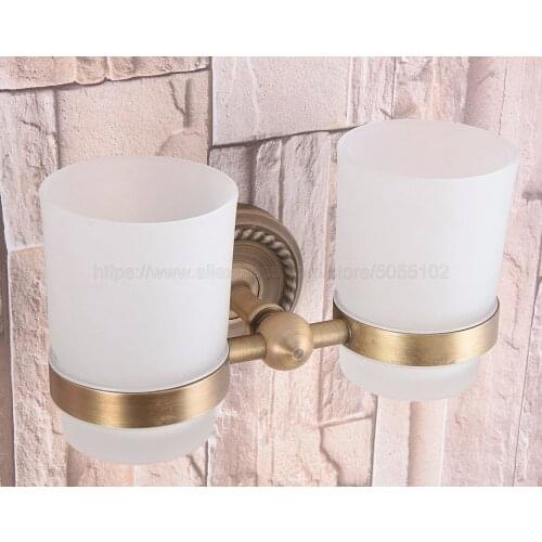 Wall Mounted Antique Brass Double Cup Holder Toothbrush Holder with Two Glass Cups Rack Tumbler Holder zba223