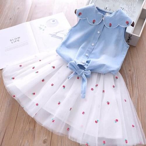 Summer New Girl Petal Collar Lace-up Embroidered Flower Kids Set, Denim Top + Short Skirt Two Piece Set Kids Clothes