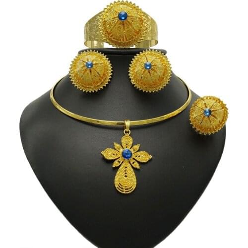 Yulaili Ethiopian Jewelry Sets Choker Necklace Earrings Charm Bangle Ring for Women African Wedding Party Jewelery Wholesale