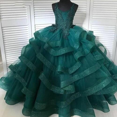 Custom Green Sparkly Tulle Flower Girl Dress for Wedding Lace Top Kids Children Pageant Gown Long Party Prom Dress