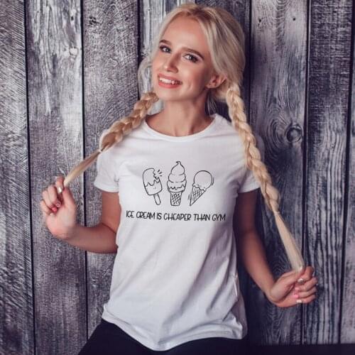 Ice Cream Is Cheaper Than Gym T-shirt Funny Women Yoga Workout Tshirt Cute Summer Short Sleeve Graphic Snack Tee Shirt Top