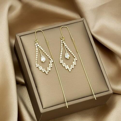 VSnow Luxury Bling Bling Cubic Zircon Rhombus Dangle Earring for Women Gold Color Metallic Water Drop Hollow Out Earring Jewelry