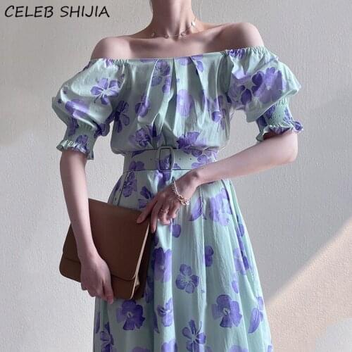 SHIJIA Elegant Slash Neck Dress Woman with Belt Purple Flora Evening Party Dresses Vestido High Waist Puff Sleeve Dress Woman