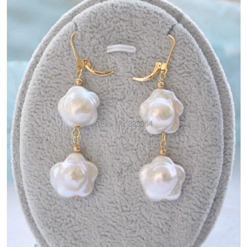 16mm WHITE plum blossom coin PEARL dangle earring