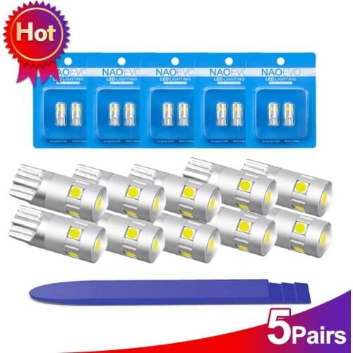 NAO T10 Car led Lamp W5W LED Bulb Super Bright 1.6W 3030 SMD 10pcs 5W5 194 168 12V 6000K White Amber Blue Red Auto Reading Light