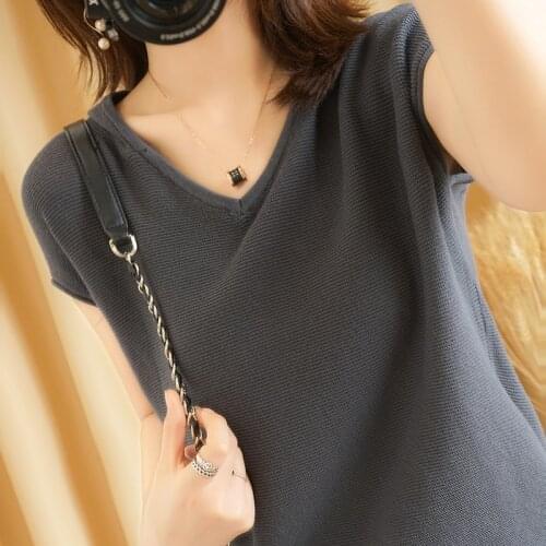 Pure cotton 2021 new spring and summer plus size fashion short-sleeved T-shirt womens loose V-neck