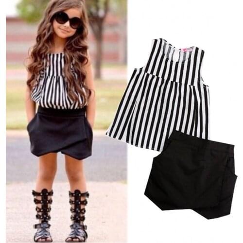 Toddler Kids Baby Girls Clothes Set Casual Striped Sleeveless Vertical Tops Blouse Black Pants 2pcs Outfits 2~7Y