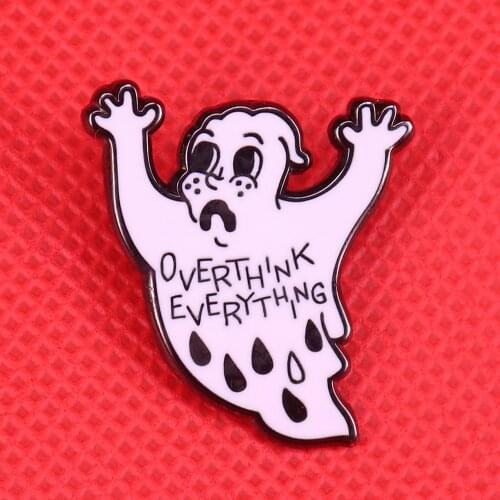 Overthink everything enamel pin anxiety ghost brooch skull pins cute horror badge Halloween gift shirts jacket accessories
