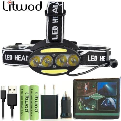 Litwod Z20 15000lm 6 Leds Micro USB Sensor headlamp xml-t6 head flashlight waterproof Rechargeable head light camping headlight