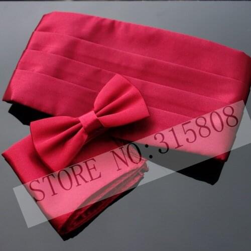 Ikepeibao Mens Formal Solid Classic Wine Pre-tied Bow Tie & Pocket Square & Cummerbund Set