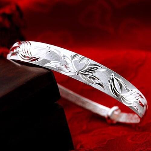 Classic Chinene Style Lotus Carp Lucky Silver Plated Bracelet Bangle for Women Luxury Wedding Fashion Cuff Jewelry Best Gift