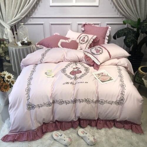 Cute girl Bedding Set Queen Size embroidery Bedding Sheet egyptian cotton Bed Linen ropa de cama King Bed Set Duvet Cover 4/7pcs