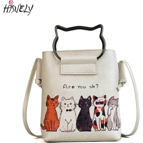 HISUELY New Fashion Cartoon Printing Cat Women PU Leather Handbags Lady Messenger Bags Candy Crossbody Bags Girl Hot Sale Q5